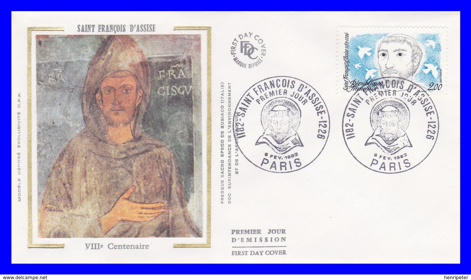 2198 (Yvert) Sur FDC Illustrée Sur Soie - 800ème Anniversaire De La Naissance De Saint François D´Assise - France 1982 - 1980-1989