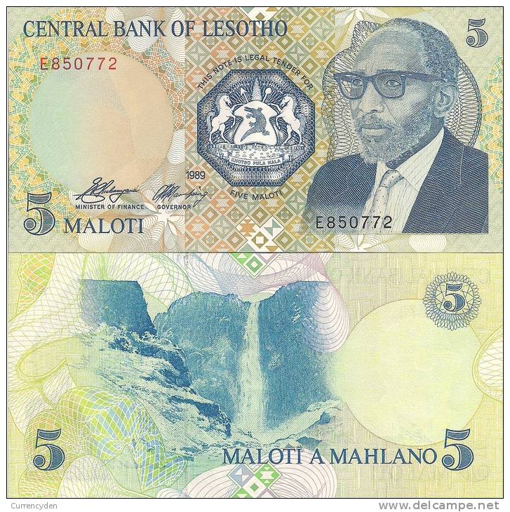 Lesotho P-10a, 5 Maloti, King Moshoeshoe /  Maletsunyane Water Falls, $7+ CV! - Lesoto