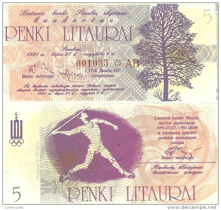 Lithuania PNL, 5 Litauru, Shaulay Olympics , Javelin Thrower - Litouwen