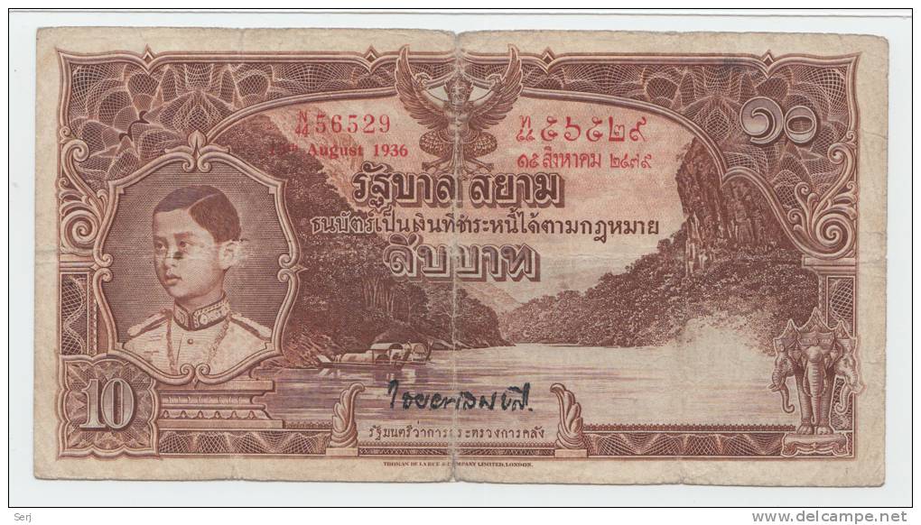 Thailand 10 Baht 1936 VG+ P 28  (Sig. 15) - Thaïlande