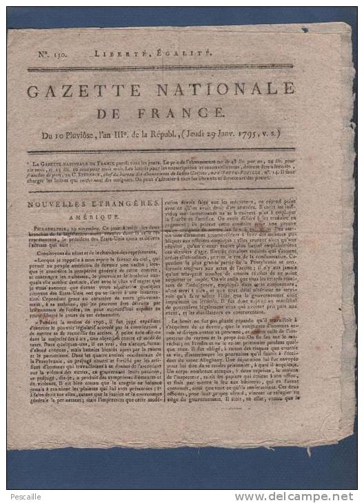 GAZETTE NATIONALE DE FRANCE 29 01 1795 - PHILADELPHIE USA - LONDRES - LIBERTE DE LA PRESSE LACROIX - DUHEM - Zeitungen - Vor 1800