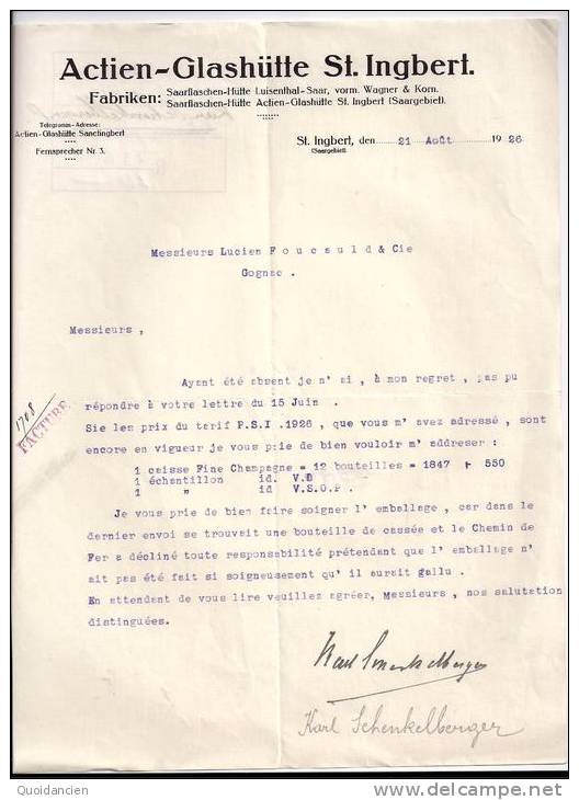 Entête 21/08/1926  -  St  Ingbert  ( Saargebiet ) Allemagne  - Lettre De Karl  SCHENKELBERGER  Pour L.foucauld  ( Vins) - Royaume-Uni