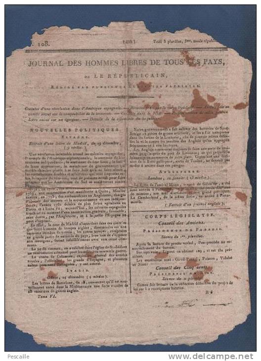 JOURNAL DES HOMMES LIBRES LE REPUBLICAIN 3 PLUVIOSE AN 5 - LYON SAINT CHAMOND - COMMEMORATION EXECUTION LOUIS XVI - Kranten Voor 1800