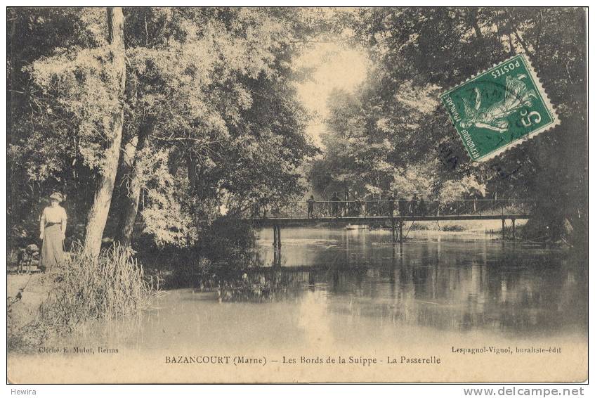 AK Bazancourt (Marne) 1913 Les Bords De La Suippe - La Passerelle / Reims Rethel - Bazancourt