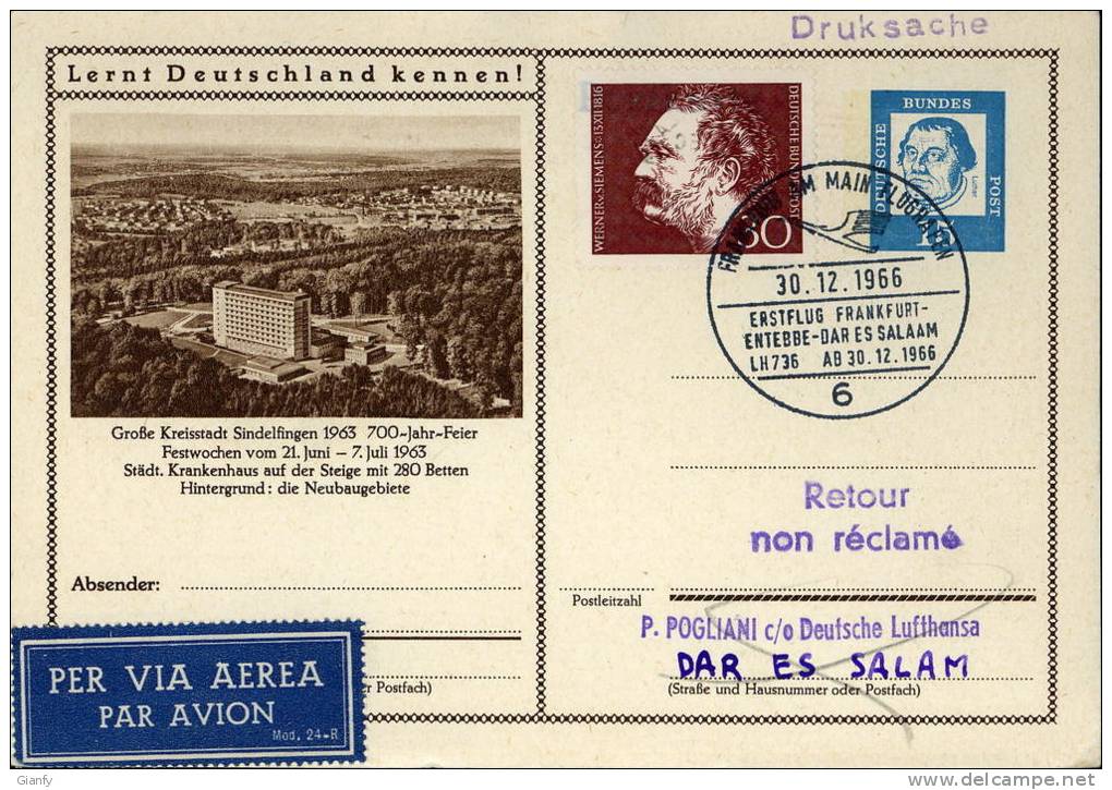 BUNDESREPUBLIK DEUTSCHLAND GERMANIA 15 PF 1966 M #P81 FIRST FLY ERSTFLUG 1° VOLO - Cartes Postales Illustrées - Oblitérées