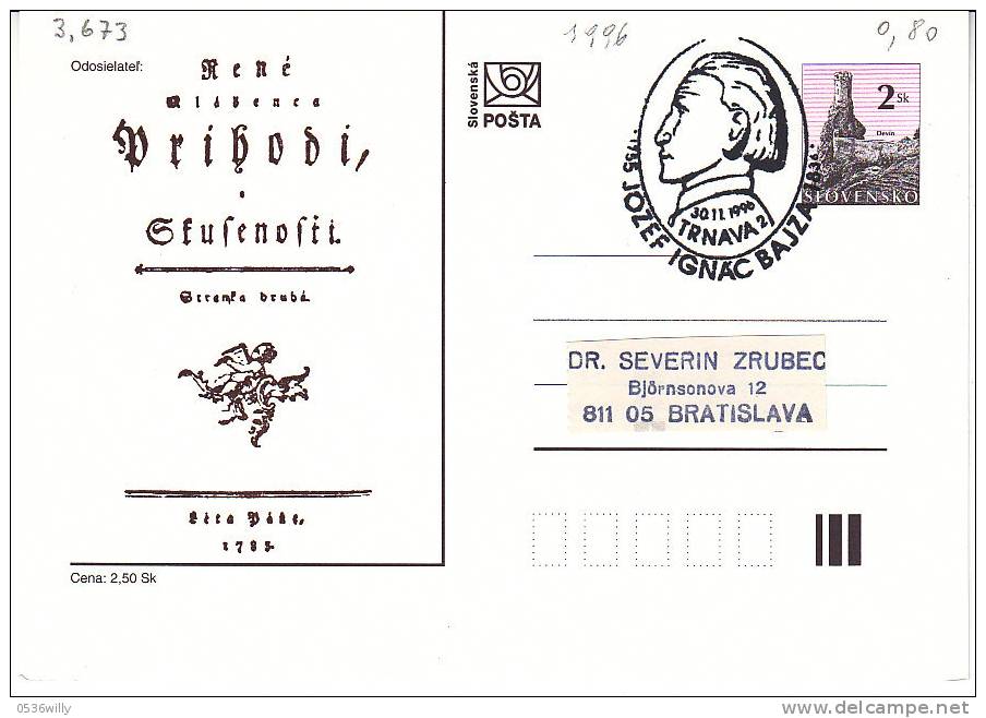 Slowakei-Trnava 1996. Titelseite Des Romans "Die Ereignisse Und Erfahrungen Eines Jungen (1785) (3.673) - Storia Postale