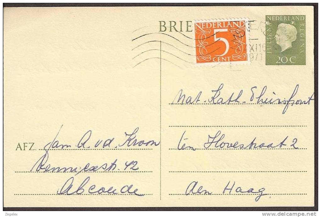 Briefkaart 1971 Geuzendam Nr 290b. Fosfor Balk Over Midden Zegel. Met Bijfrankering - Postal Stationery