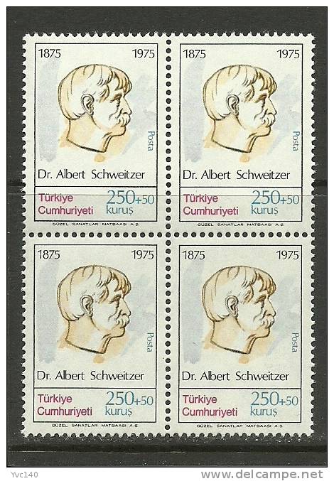 Turkey; 1975 Centenary Of The Birth Of Dr. Albert Schweitzer (Block Of 4) - Neufs