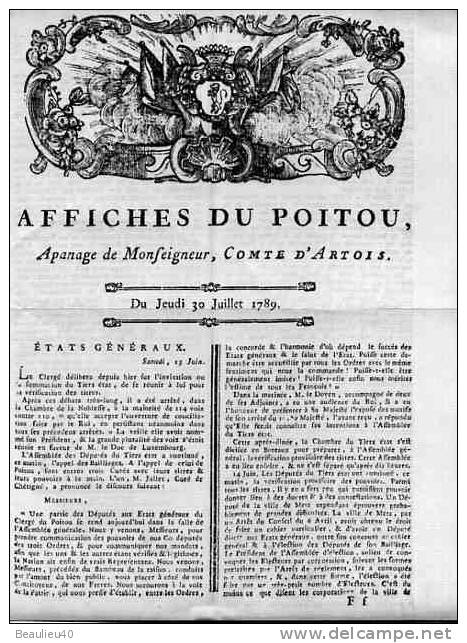 FAC-SIMILÉ   AFFICHES DU POITOU   APANAGE DE MONSEIGNEUR, COMTE D'ARTOIS DU JEUDI 30 JUILLET 1789 - Historische Documenten