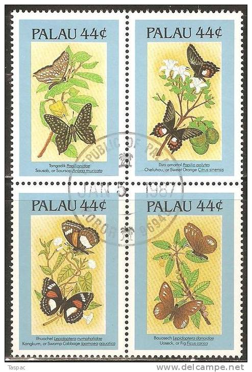Palau 1987 Mi# 168-171 Used - Block Of 4 - Butterflies - Palau