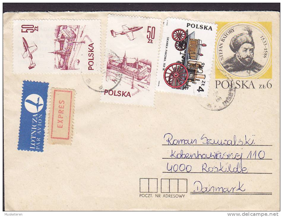 Poland Airmail Par Avion & EXPRESS Labels Uprated Postal Stationery Ganzsache 1986 Cover Stefan Batory ROSKILDE Denmark - Avions