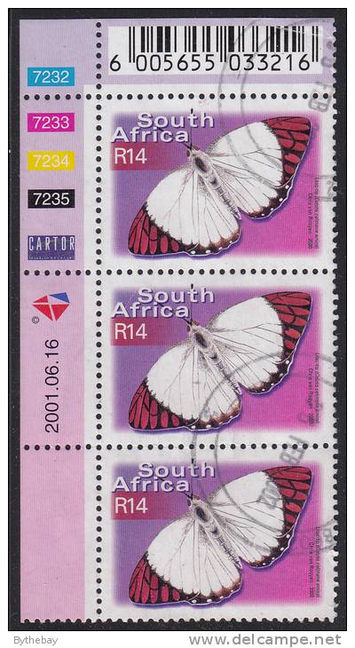 South Africa Used Scott #882 14r Lilac Tip Butterfly Upper Left Corner Vertical Strip Of 3 - Bottom Stamp Has Perf Tear - Usados