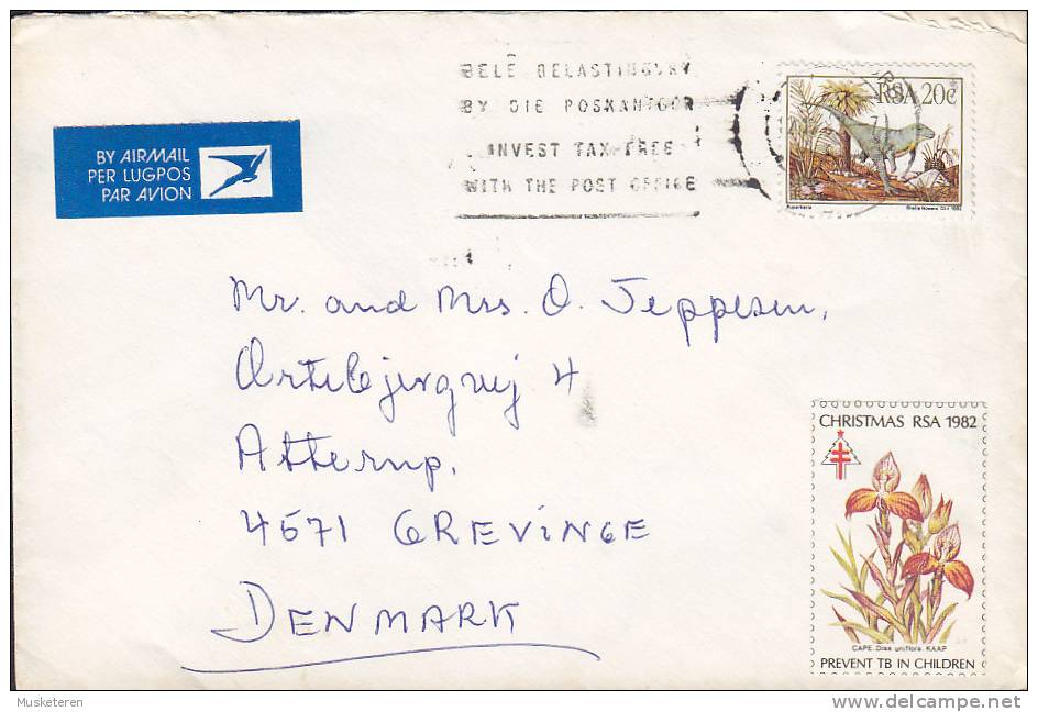 South Africa Airmail Par Avion Lugpos Label JOHANNESBURG 1982 Cover Brief GREVINGE Denmark Christmas Seal Tuberculosis - Aéreo