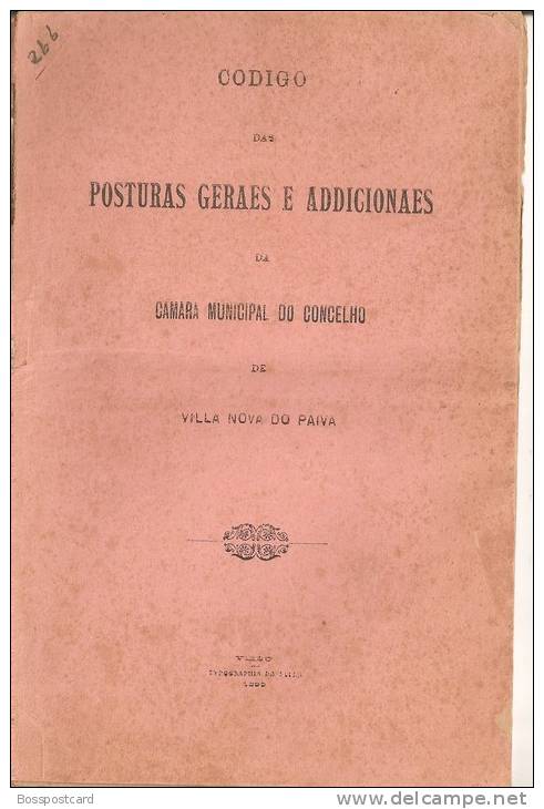 Codigo Das Posturas Geraes E Addicionaes Da Camara Municipal Do Concelho De Vila Nova De Paiva, 1893. Braga. - Libri Vecchi E Da Collezione