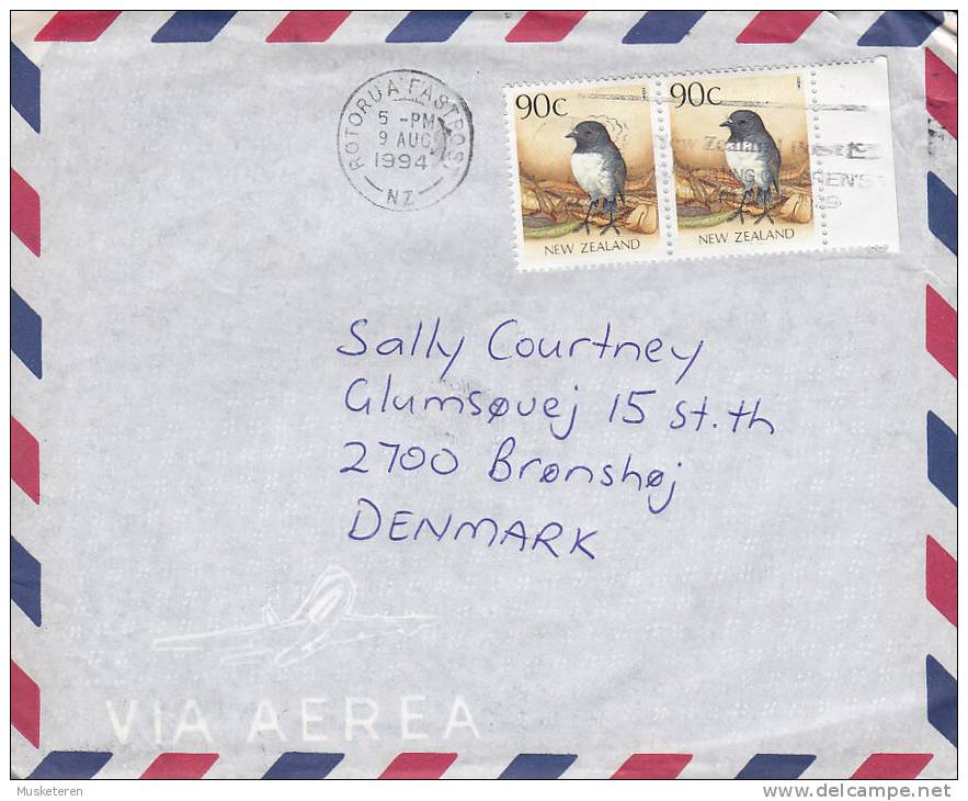 New Zealand Airmail Via Aerea ROTORUA Fastpost 1994 Cover Brief To BRØNSHØJ Denmark Bird Vogel Oiseau - Poste Aérienne