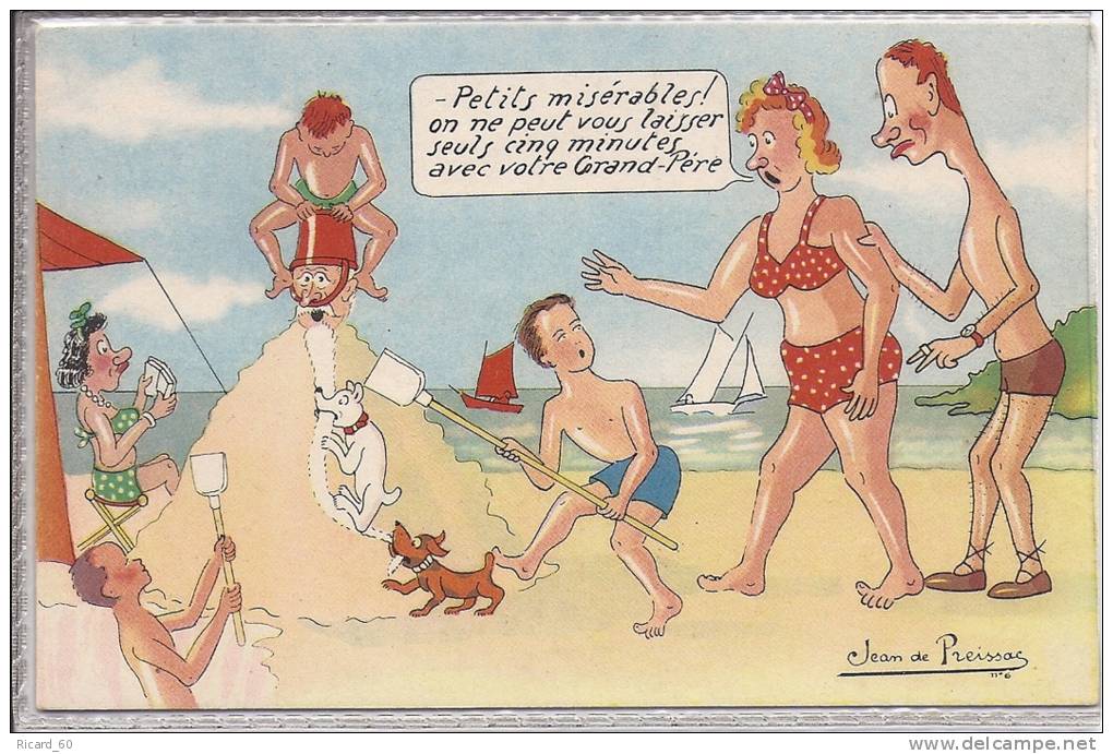 Cpsm,illustrateur Jean De Preissac, Humour, " Petits Misérables à La Plage Avec Papy" - Preissac