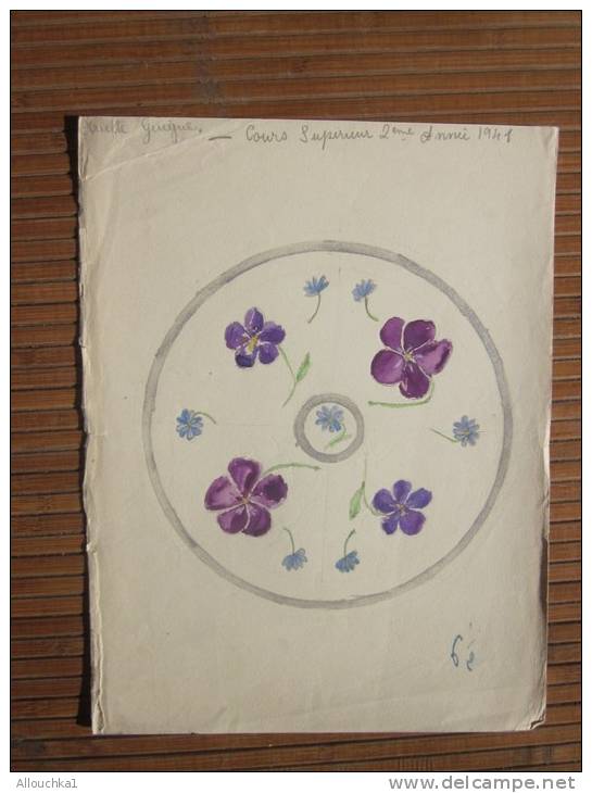 Dessin Peinture à La Gouache (original Réalisé 1941 élève Cours Supé 2éA—>Thème Des Fleurs Des Violettes En Rond - Tempere
