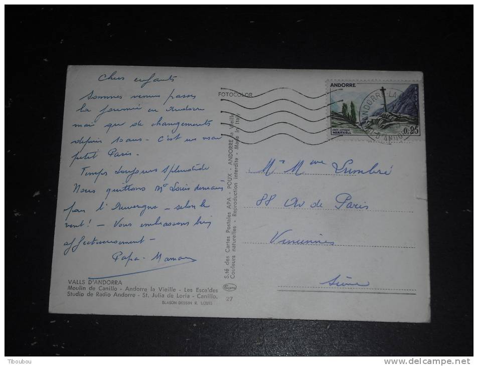 ANDORRE FRANCAIS ANDORRA YT 158 SUR CPM MULTIVUES - MOULIN CANILLO - LES ESCALDES - STUDIO RADIO - - Storia Postale