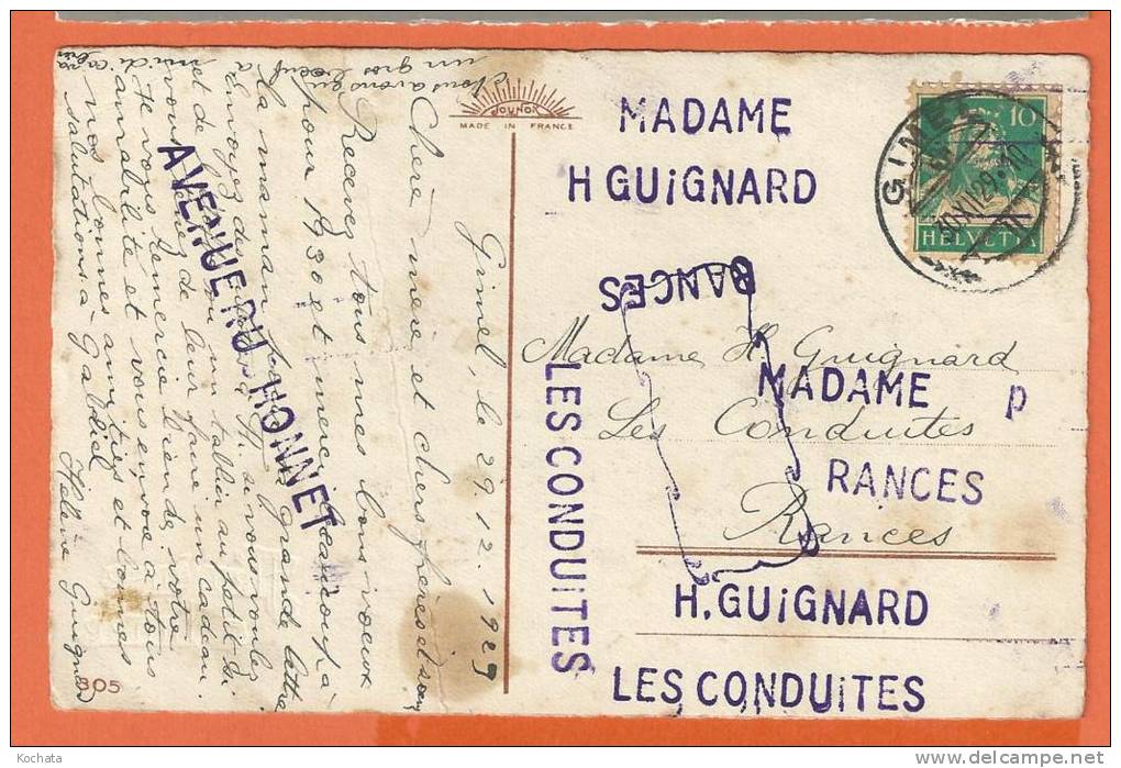 S276, Heureuse Année, Tampon Près Orbes, Rances, Les Conduites , H. Guignard, Avenue Ruchonnet, Circulée 1929 - Orbe