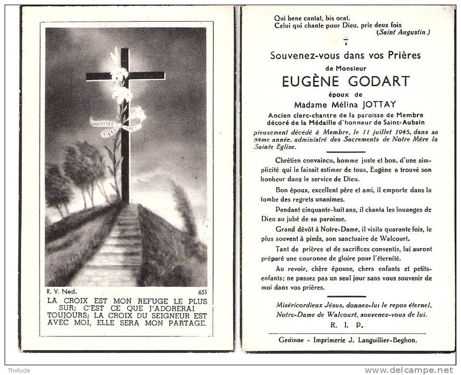 Membre-sur-Semois-1945-  Faire-part De Décès De Mr Eugène Godart -Ancien Clerc-chantre De La Paroisse (vue Recto-verso) - Décès