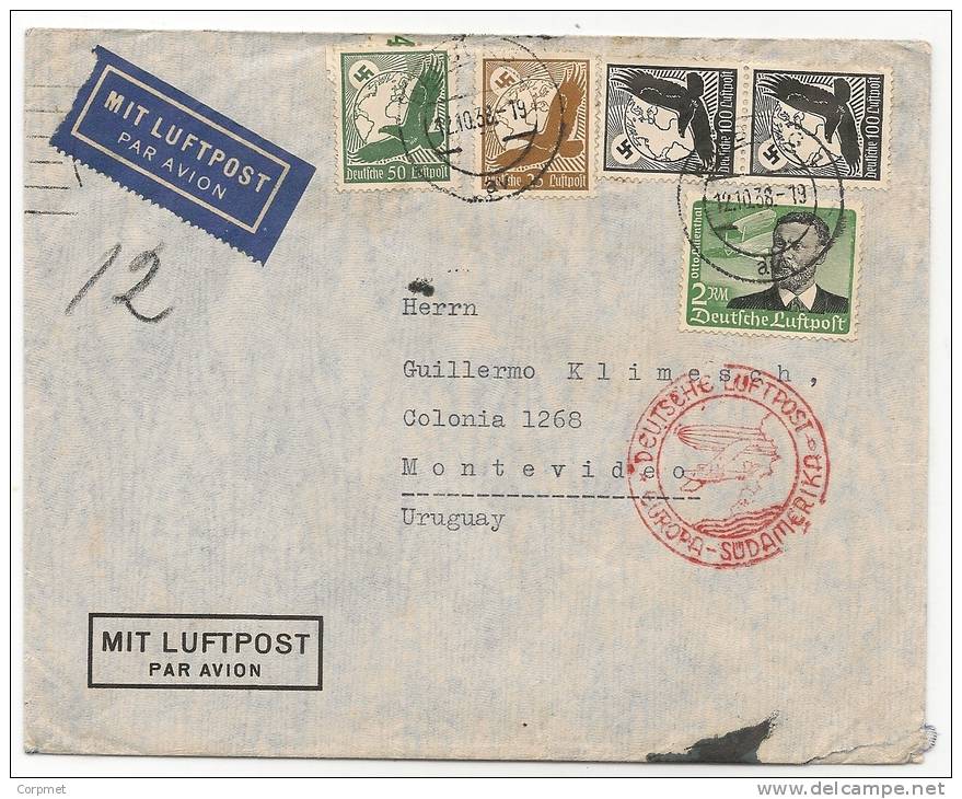 GERMANY - DEUTSCHE LUFTPOST - ZEPPELIN EUROPA-SUDAMERIKA Red Cancel - 1938 5 Stamps COVER From HAMBURG  To MONTEVIDEO - Zeppelins