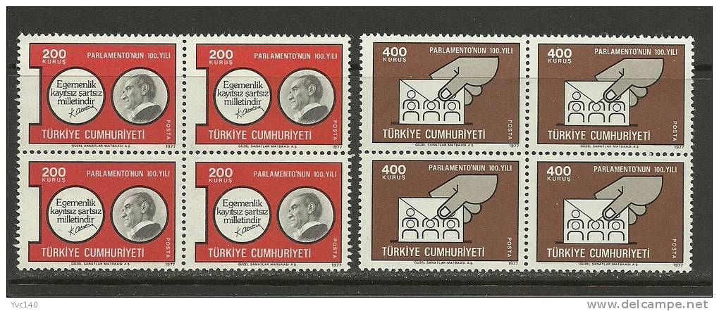 Turkey; 1977 100th Anniv. Of The Parliement (Block Of 4) - Neufs