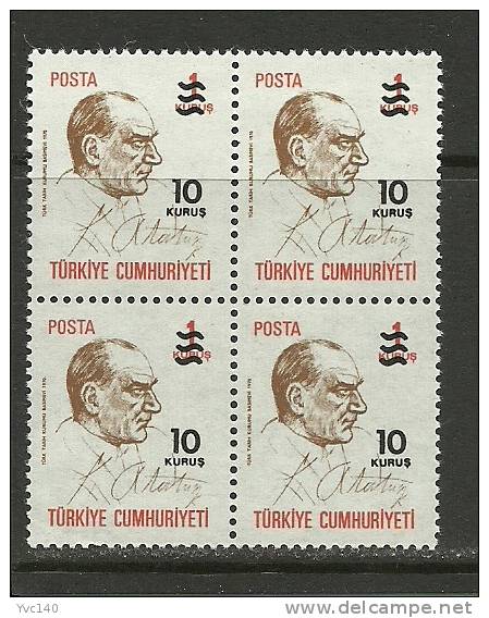 Turkey; 1977 Overprinted Regular Issue Stamp (Block Of 4) - Nuevos