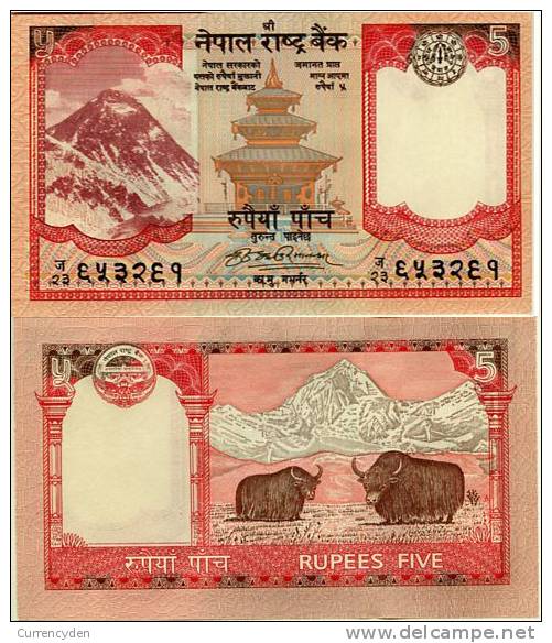 Nepal P-53c, 5 Rupee, King Birendra Bir Bikram, Taleju Temple / Yaks In Himalaya - Népal