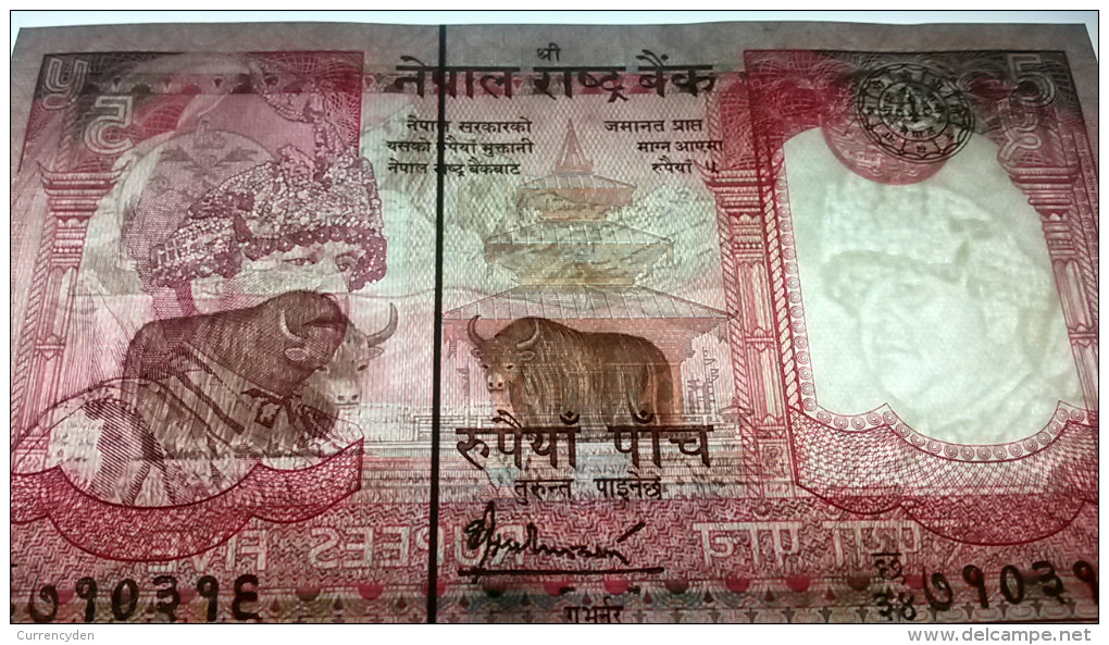 Nepal P-53c, 5 Rupee, King Birendra Bir Bikram, Taleju Temple / Yaks In Himalaya - Nepal