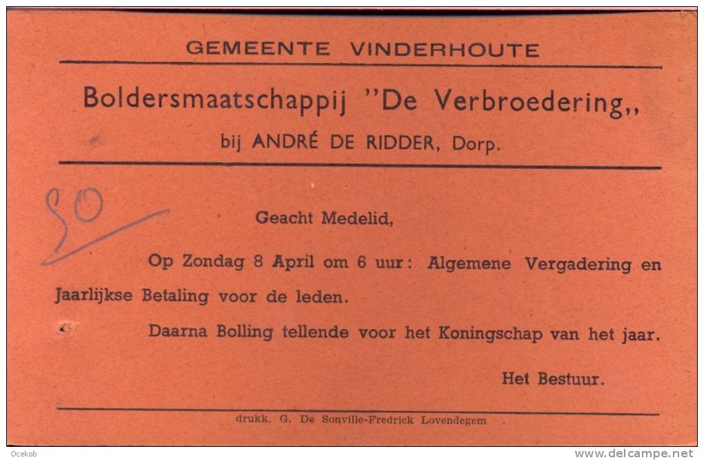 Uitnodiging Vinderhoute - Boldersmaatschappij De Verbroedering - Autres & Non Classés