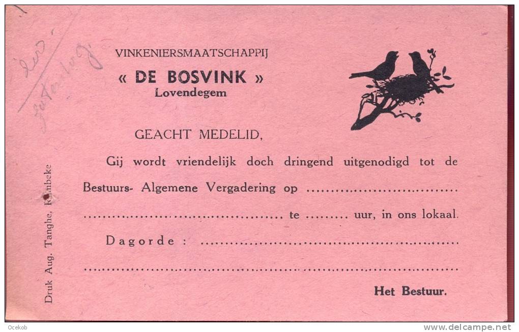 Uitnodiging Vinkeniersmaatschappij De Bosvink - Lovendegem - Autres & Non Classés