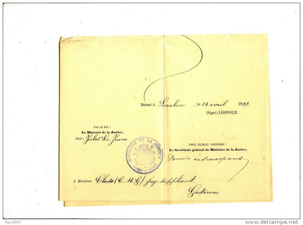 GEDINE - LAEKEN -1892 - MINISTERE DE LA JUSTICE - DEMISSION DE FONCTION DE JUGE SUPPLEANT - Manuscrits