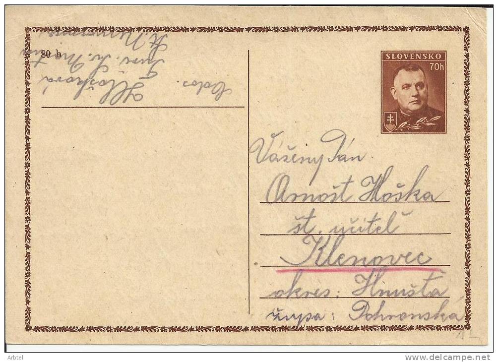 ESLOVAQUIA ENTERO POSTAL 1942 PRESIDENTE TISO - Postcards