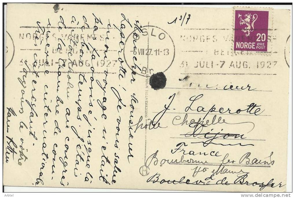 NORUEGA TP CON MAT RODILLO 1927 POSTAL DE ESTOCOLMO - Lettres & Documents