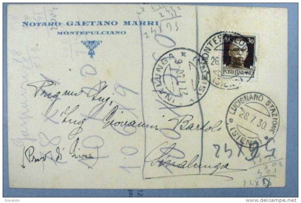 ITALIA REGNO 1930 SIENA CP CON ANNULLI SINALUNGA MONTEFOLLONICO LUCIGNANO STAZ - X1 - Storia Postale