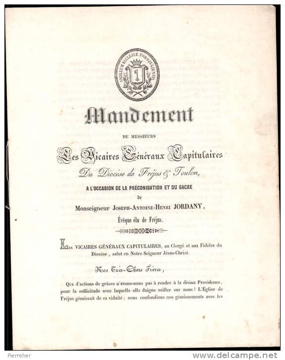 MANDEMENT DES VICAIRES GENERAUX CAPITULAIRES DU DIOCES DE FREJUS & TOULON _ REVUE IMPRIMMEE DE 7 PAGES DATEE DU 20/01/18 - Antes De 18avo Siglo