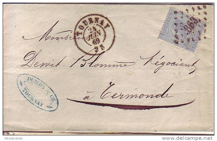 L N° 18 LP 363 TOURNAY 24/6/69 Vers TERMONDE **** - 1865-1866 Profil Gauche