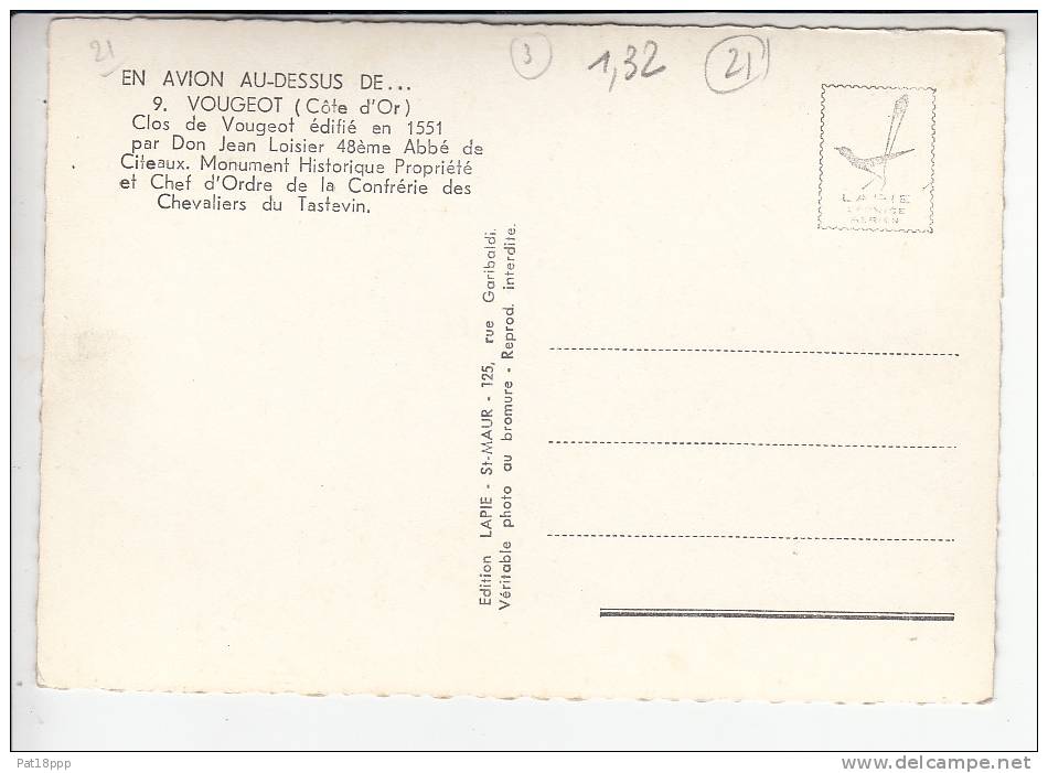 VOUGEOT 21 - En Avion Au Dessus De ... CLOS DE VOUGEOT ... ( Vin Vignobles Vendanges ) CPSM Dentelée GF N° 9 - Côte D'Or - Altri & Non Classificati