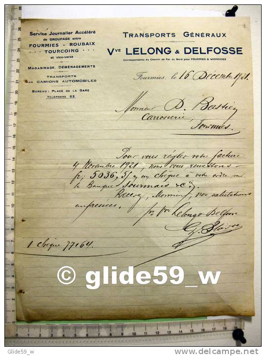 Facture Transports Généraux Vve LELONG &amp; DELFOSSE - FOURMIES - 16 Décembre 1921 - Transportmiddelen