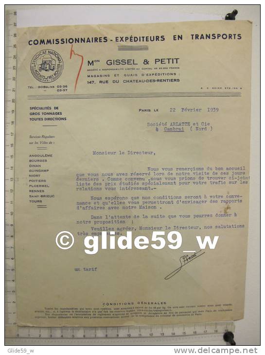 Facture Commissionnaires - Expéditeurs En Transports - Maison GISSEL &amp; PETIT - PARIS - 22 Février 1939 - Transportmiddelen