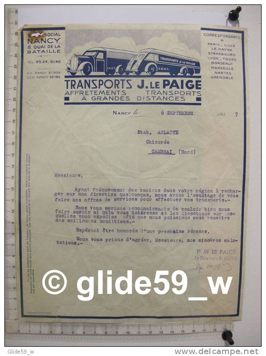 Facture Transports J. LE PAIGE - Affrêtements Transports à Grandes Distances - NANCY - 6 Septembre 1937 - Transportmiddelen