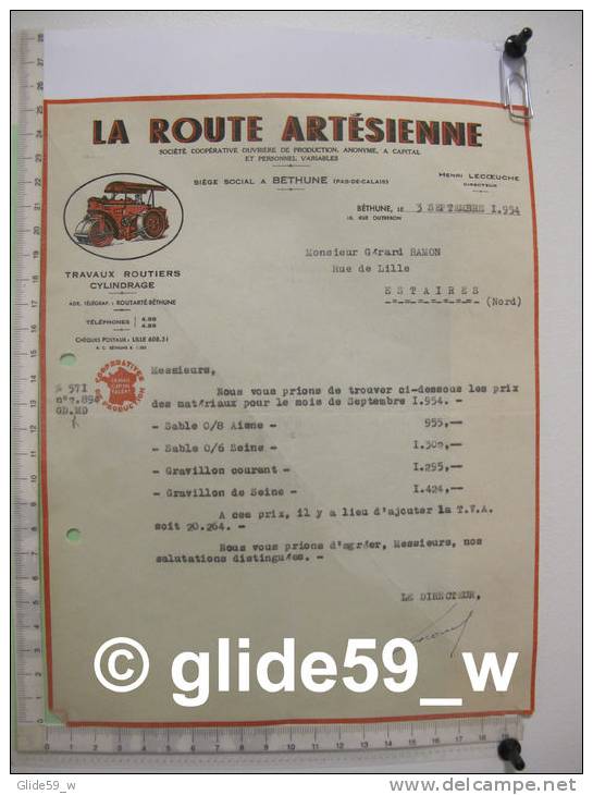 Facture LA ROUTE ARTESIENNE - BETHUNE - 3 Septembre 1954 - Transportmiddelen