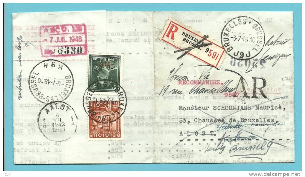 724T+762 Op Brief Aangetekend-AR, BRUXELLES 9J ->ALOST, Aantekenstrookje Geannuleerd Met "croix De Saint-André" Stempel - 1946 -10%