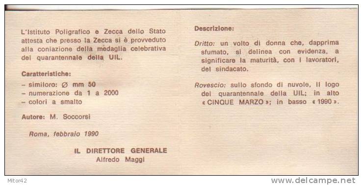 14-Medaglia Similoro E Smalto: "40° UIL"-mm.50-Istituto Poligrafico Zecca Dello Stato-con Garanzia E Cofanetto - Professionnels/De Société