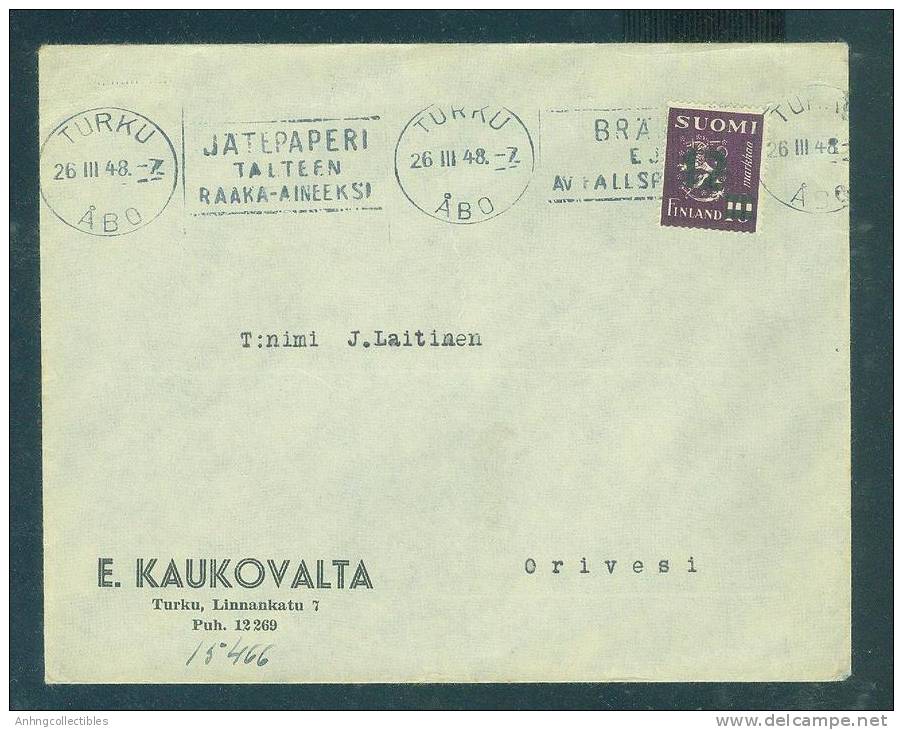 Finland: Cover With Postmark 1948 And Overprinted Stamp  - Fine - Covers & Documents