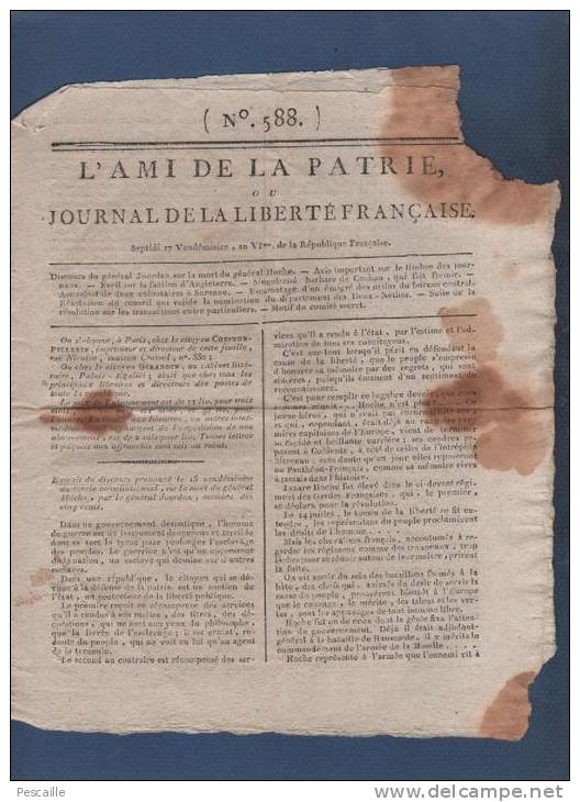 L´AMI DE LA PATRIE 17 VENDEMIAIRE AN VI 1797 - HOCHE JOURDAN - COLONIES VAUBLANC - COCHON MINISTRE - ST CLOUD SURESNES - - Newspapers - Before 1800