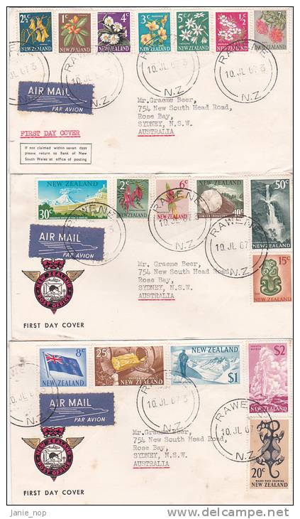 New Zealand 1967 Definitive Pictorials, Set Of 3 Covers - Used Stamps