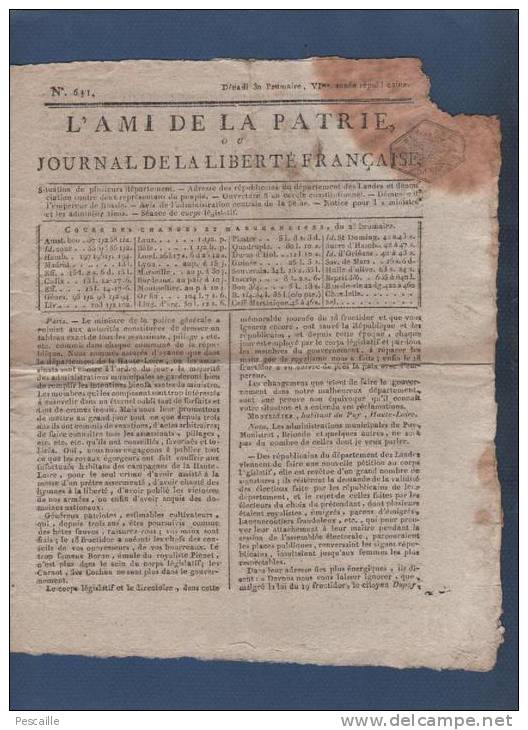 L´AMI DE LA PATRIE 30 BRUMAIRE AN VI 1797 - LE PUY HAUTE LOIRE - LANDES - RUGLES EURE - RUSSIE - AISNE - LETTRES PAQUETS - Kranten Voor 1800