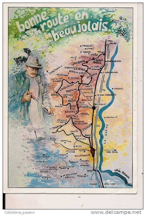 ###Carte Géographique Du Beaujolais, Bonne Route En Beaujolais, 1989, Voyagée - Cartes Géographiques