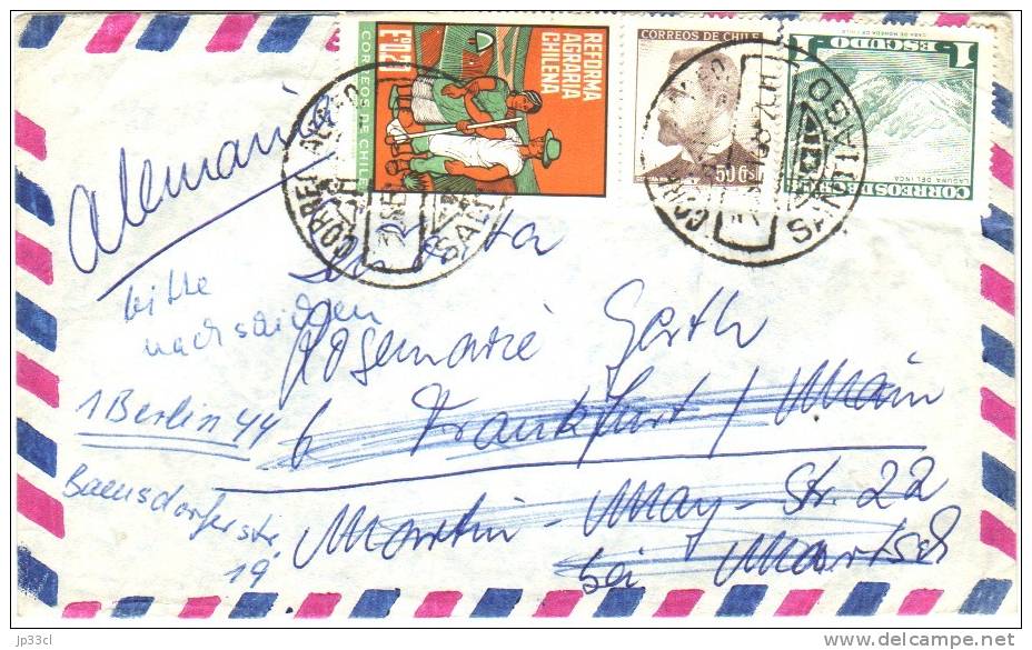 Lettre De Santiago à Frankfurt A Main / Berlin De Sep 1968 Avec Timbres Laguna Del Inca Et Reforma Agraria Chilena - Chili